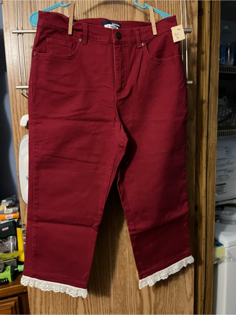Basic Editions Burgundy Cropped Pants with Lace Hem